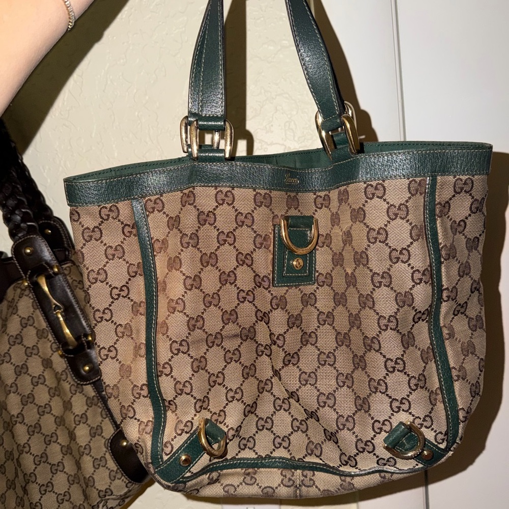 Gucci Brown GG Canvas Tote with Dark Green Leather Trim and Gold Hardware